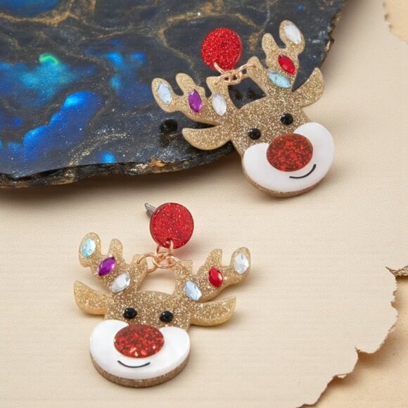 🆕Christmas Holiday Reindeer Head Novelty Earrings Glittery Rhinestone Dangle - Picture 11 of 14